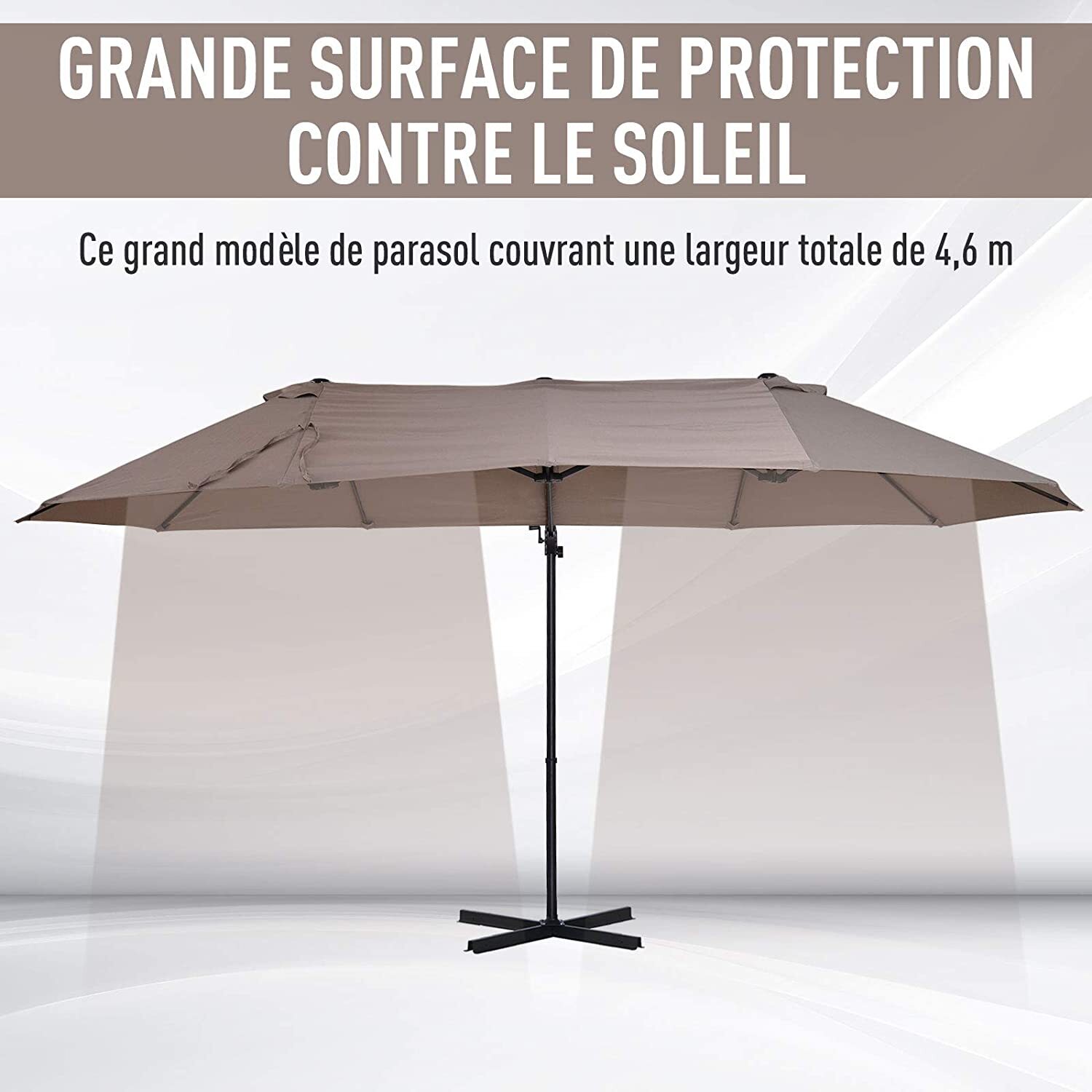 Parasol déporté grande taille XXL inclinable dim. 4,4L x 2,7l x 2,5H m piètement en acier inclus polyester marron