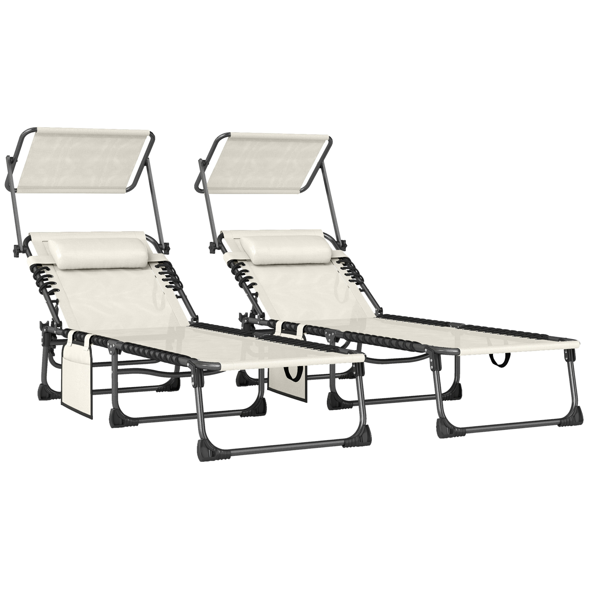 Set de 2 Tumbonas Jardín Exterior, Tumbonas Plegables con Reposacabezas, Parasol y Bolsillo Lateral, Respaldo Reclinable 5 Posiciones y Asiento Malla Transpirable para Playa, Piscina, Crema
