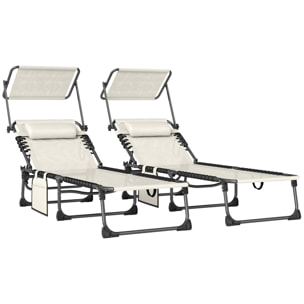 Set de 2 Tumbonas Jardín Exterior, Tumbonas Plegables con Reposacabezas, Parasol y Bolsillo Lateral, Respaldo Reclinable 5 Posiciones y Asiento Malla Transpirable para Playa, Piscina, Crema