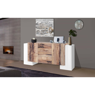 Credenza moderna a 2 ante e 3 cassetti, Made in Italy, Madia da cucina, Buffet di design da soggiorno, cm 210x45h85, colore Bianco lucido e Acero