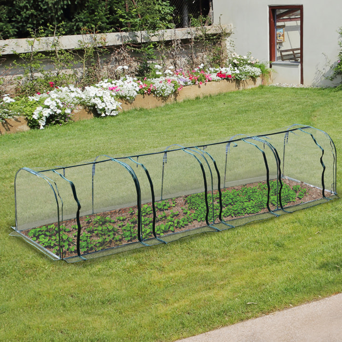 Serre de jardin tunnel 3,95L x 1l x 0,8H m 4 portes zippées bâche PVC transparent acier thermolaqué vert