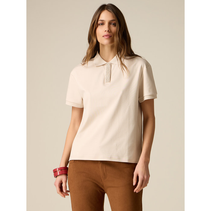 Oltre - T-shirt a polo con cristalli - Beige