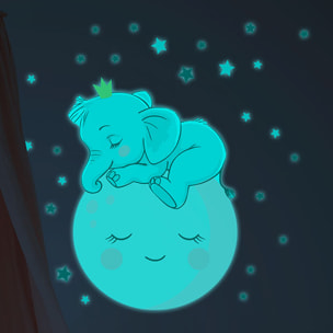 Sticker phosphorescent lumineux - ENFANT BÉBÉ ÉLÉPHANT SUR LA LUNE ET 30 ÉTOILES