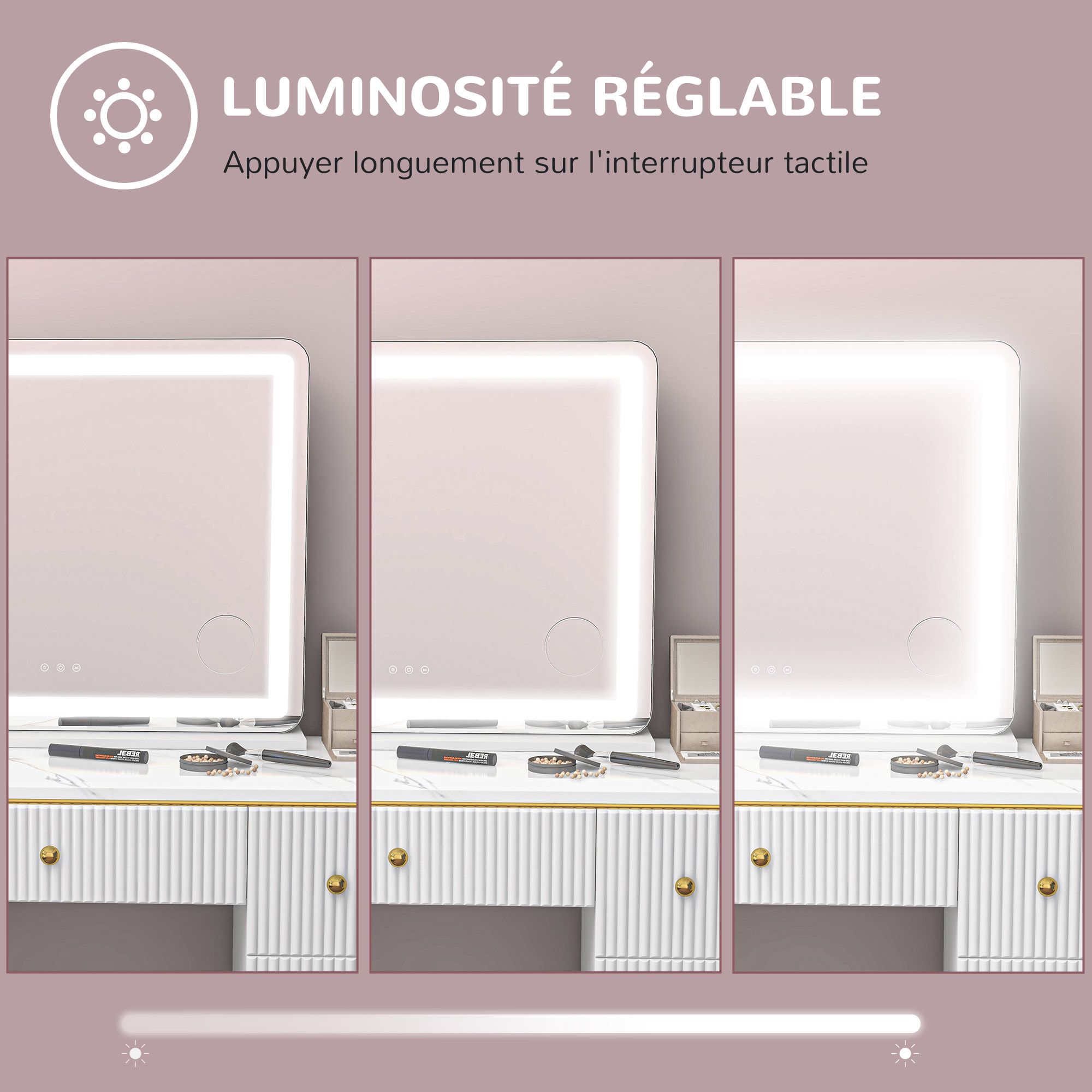 Miroir Lumineux LED tactile intensité 3 modes d'éclairage grossissement 10X charge USB