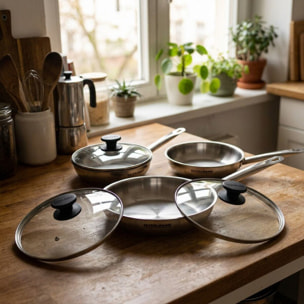 Set de 3 poêles 20 24 et 28 cm en inox et 3 couvercles en verre Fackelmann Eterna