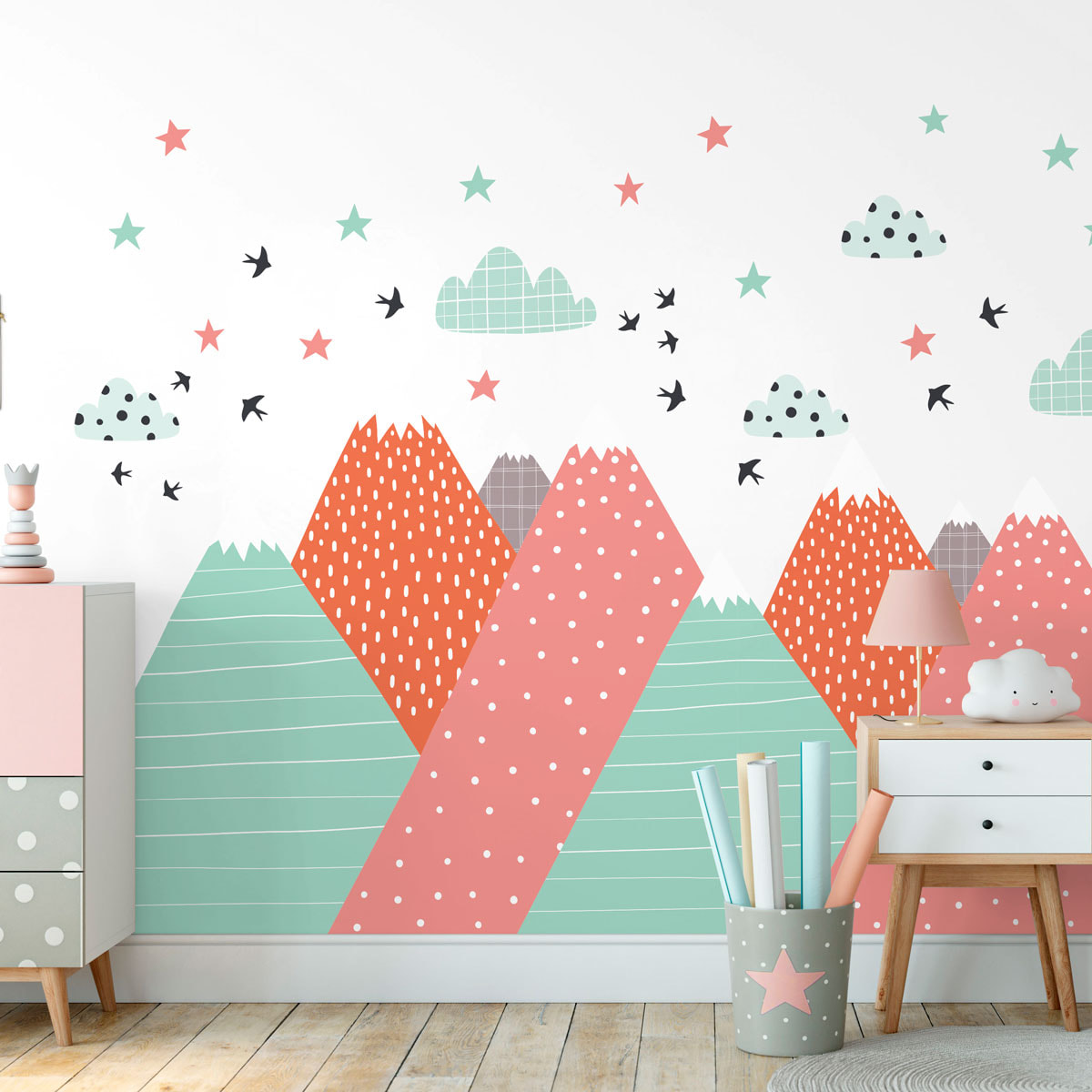 Stickers muraux enfants - Décoration chambre bébé - Autocollant Sticker mural géant enfant montagnes scandinaves LINDKA