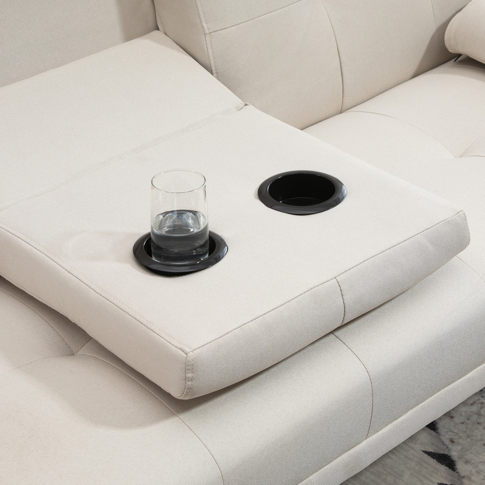 Sofá Cama 3 Plazas, Mesa Abatible con 2 Soportes para Vasos, 181x77x78 cm, Sofá Cama con Respaldo Ajustable, Apertura Clik-Clak, Reposabrazos Desmontables, Patas de Madera, Beige