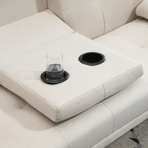 Sofá Cama 3 Plazas, Mesa Abatible con 2 Soportes para Vasos, 181x77x78 cm, Sofá Cama con Respaldo Ajustable, Apertura Clik-Clak, Reposabrazos Desmontables, Patas de Madera, Beige