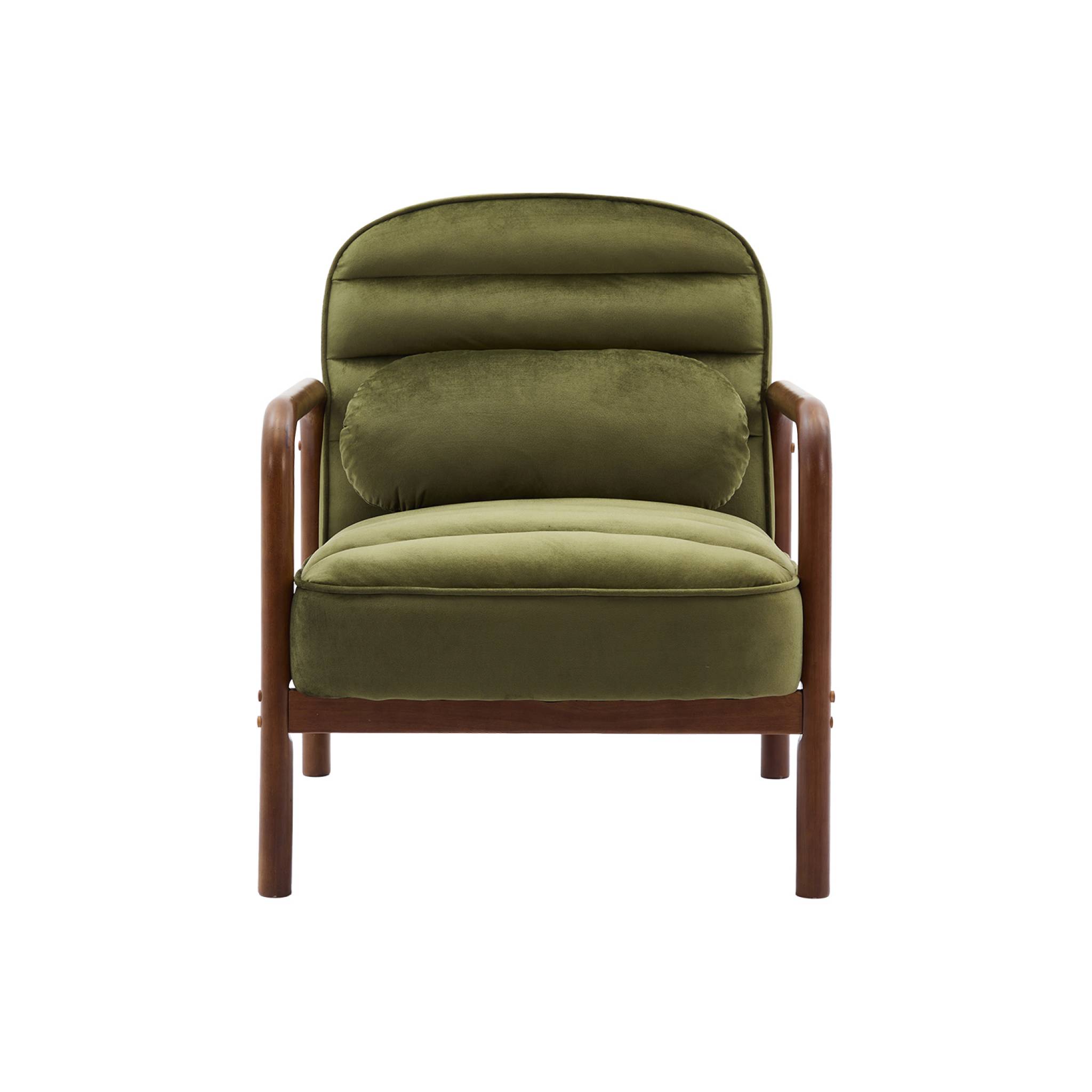 Fauteuil scandinave bois d'hévéa teinté noyer et tissu velours kaki