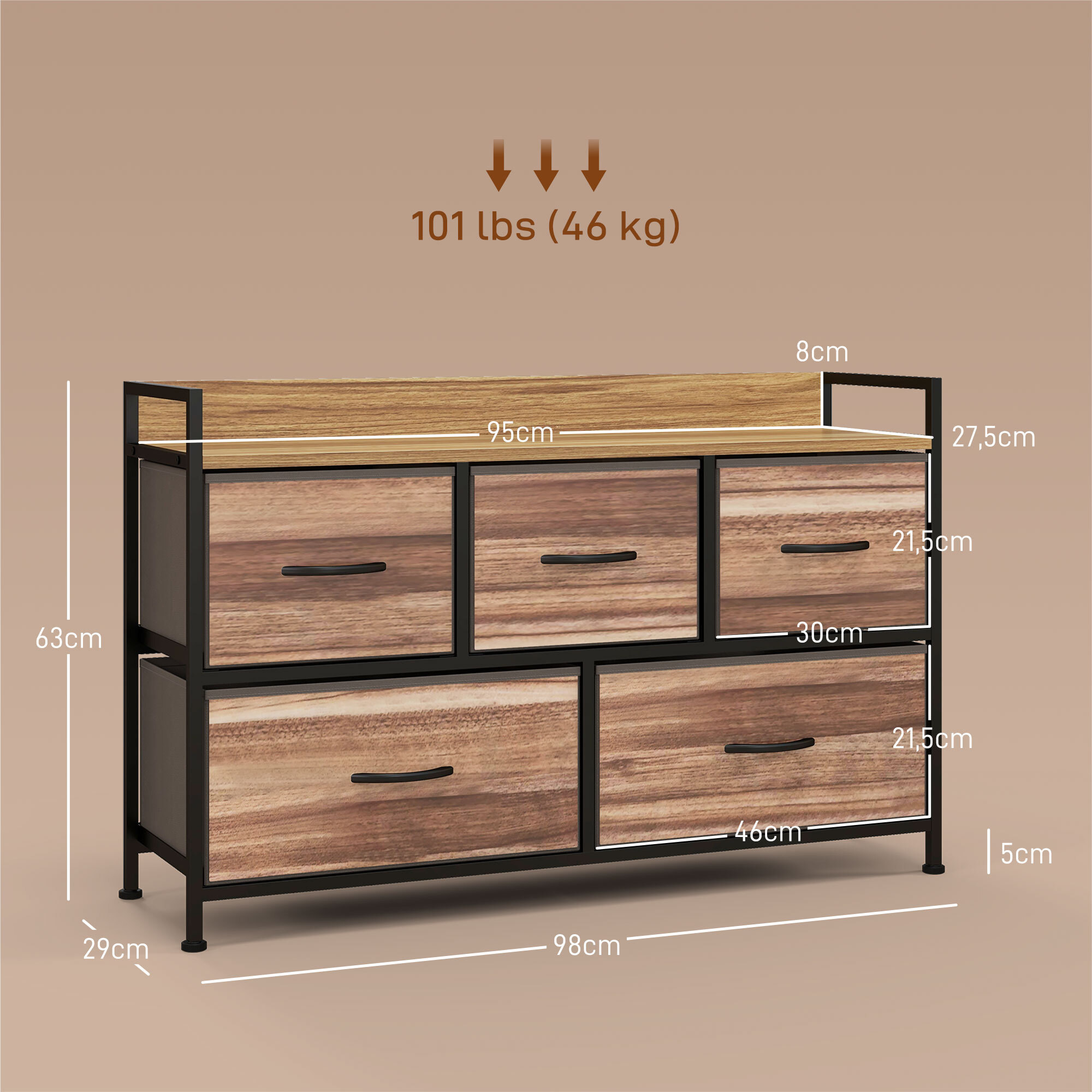 Mueble Organizador Cajonera de Tela con 5 Cajones y Marco Metálico Estilo Industrial para Salón Recibidor Dormitorio 98x29x63 cm Roble