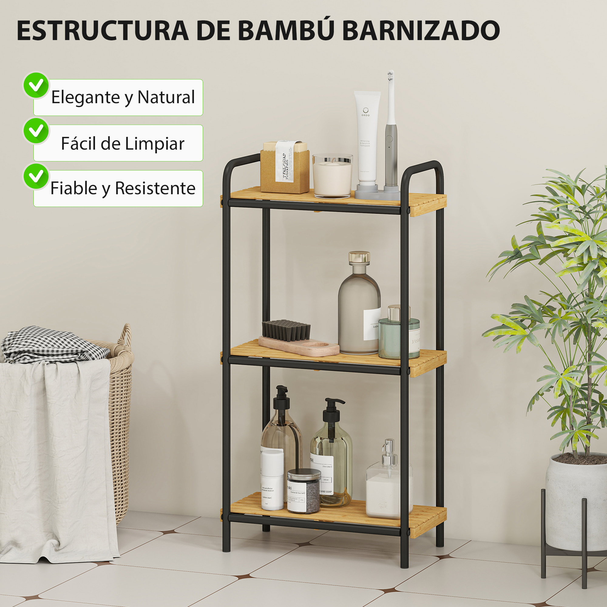 Estantería de Baño de Bambú de 3 Niveles Estantería de Almacenaje con 3 Baldas Abiertas Diseño de Lamas y Estructura de Acero para Cocina Baño Salón 41,5x21,5x77,5 cm Natural y Negro