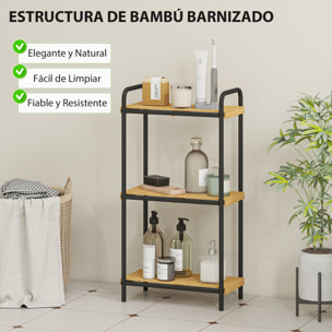 Estantería de Baño de Bambú de 3 Niveles Estantería de Almacenaje con 3 Baldas Abiertas Diseño de Lamas y Estructura de Acero para Cocina Baño Salón 41,5x21,5x77,5 cm Natural y Negro