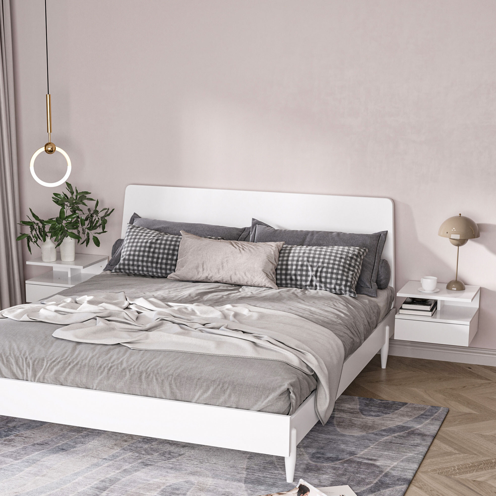 Lot de 2 tables de chevet murales - lot de 2 tables de nuit - tiroir coulissant, niche et plateau - blanc