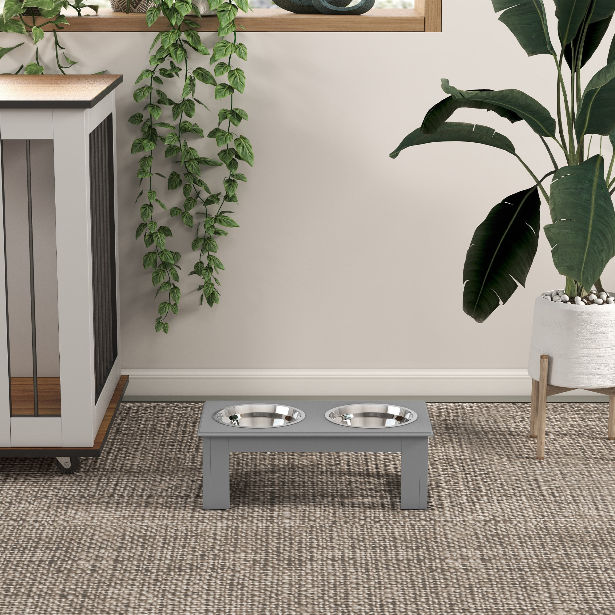 Comedero Elevado para Perros con Soporte y 2 Cuencos Extraíbles de Acero Inoxidable Alimentador para Mascotas Alimento y Agua 44x24x15 cm Gris