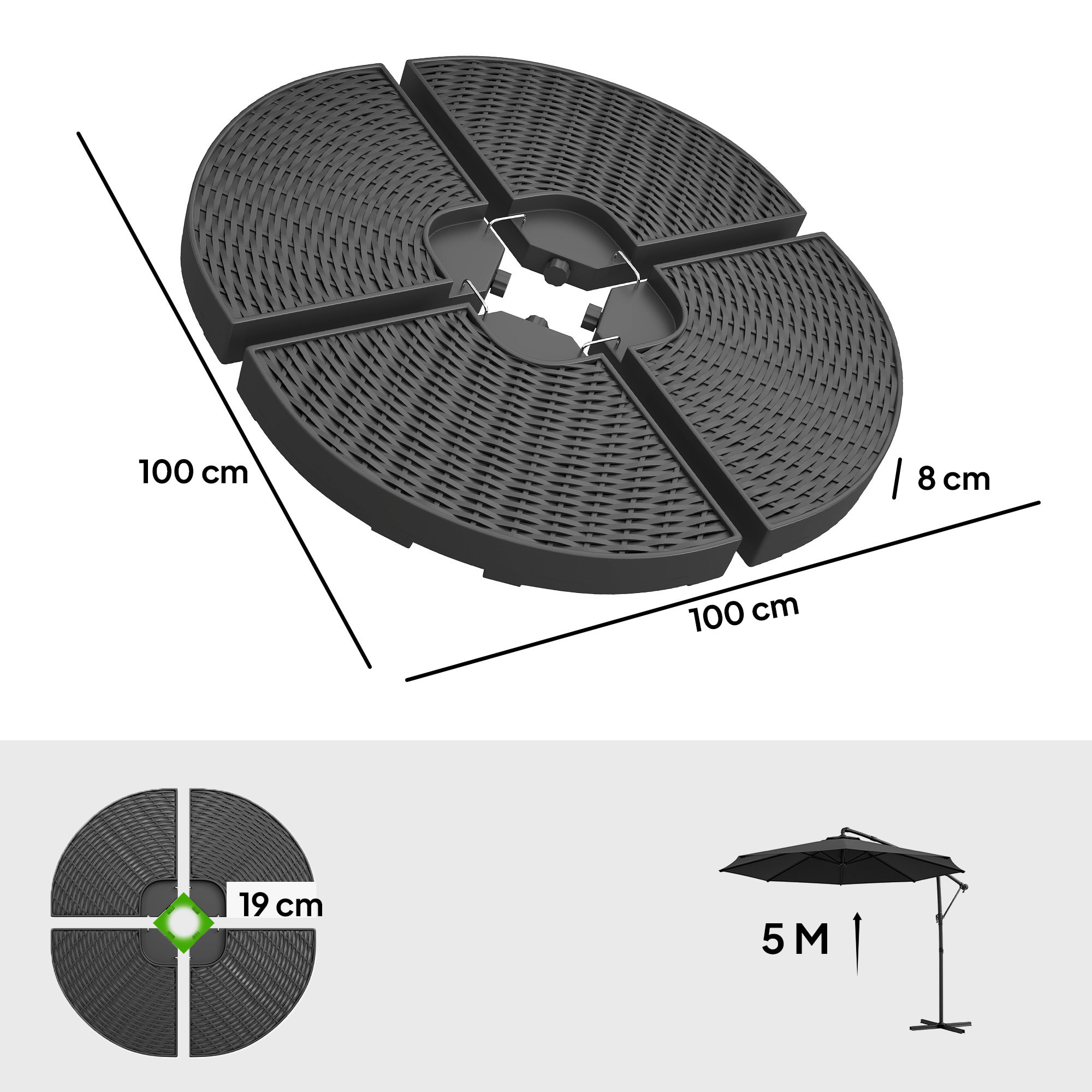 Outsunny Base para Sombrilla de 4 Piezas Soporte para Parasol Rellenable con Arena 68 kg o Agua 52 L para Jardín Patio Terraza Negro