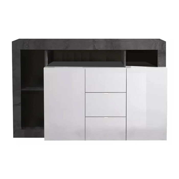 Credenza Atlantica, Buffet da soggiorno, Madia da salotto, Dispensa da cucina, Made in Italy, 146x42 h93 cm, Bianco lucido e Ardesia