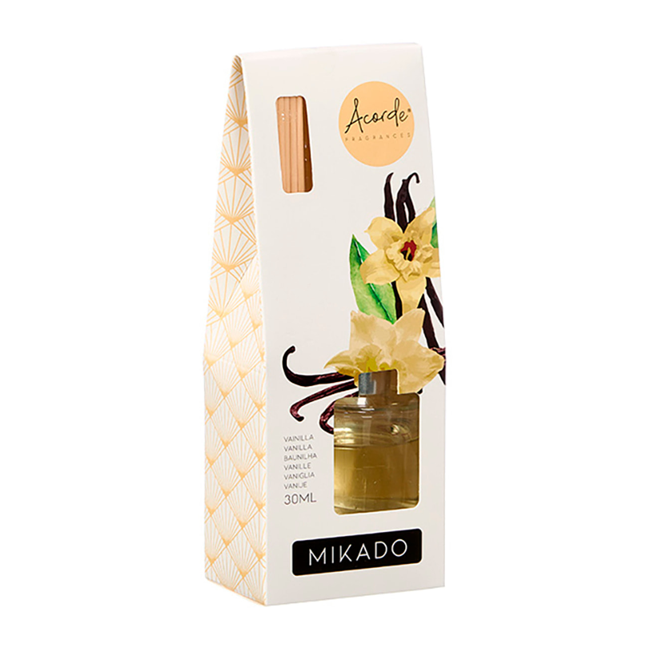Pack 12 mikados con olor a vainilla. Frasco de 30ml y 6 varillas de fragancia.