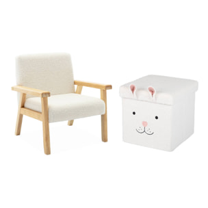 Lot de 2 tabourets-coffre pliables en bouclette forme de lapin pour enfant