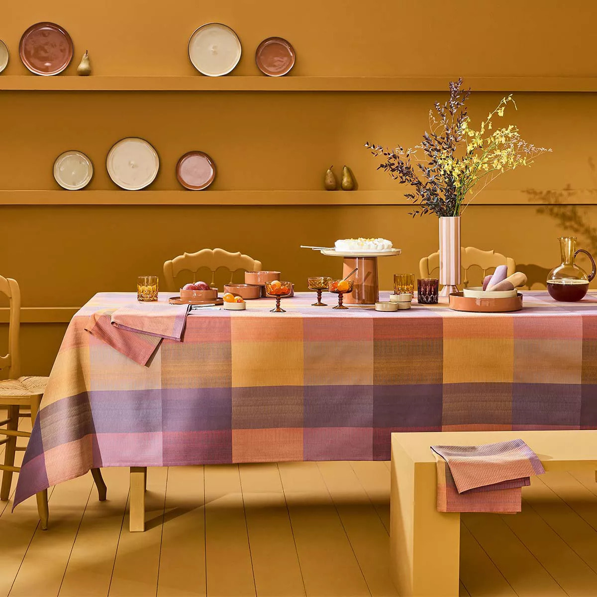 Chemin de table pur coton motif jacquard violet Mille ecossais velvet