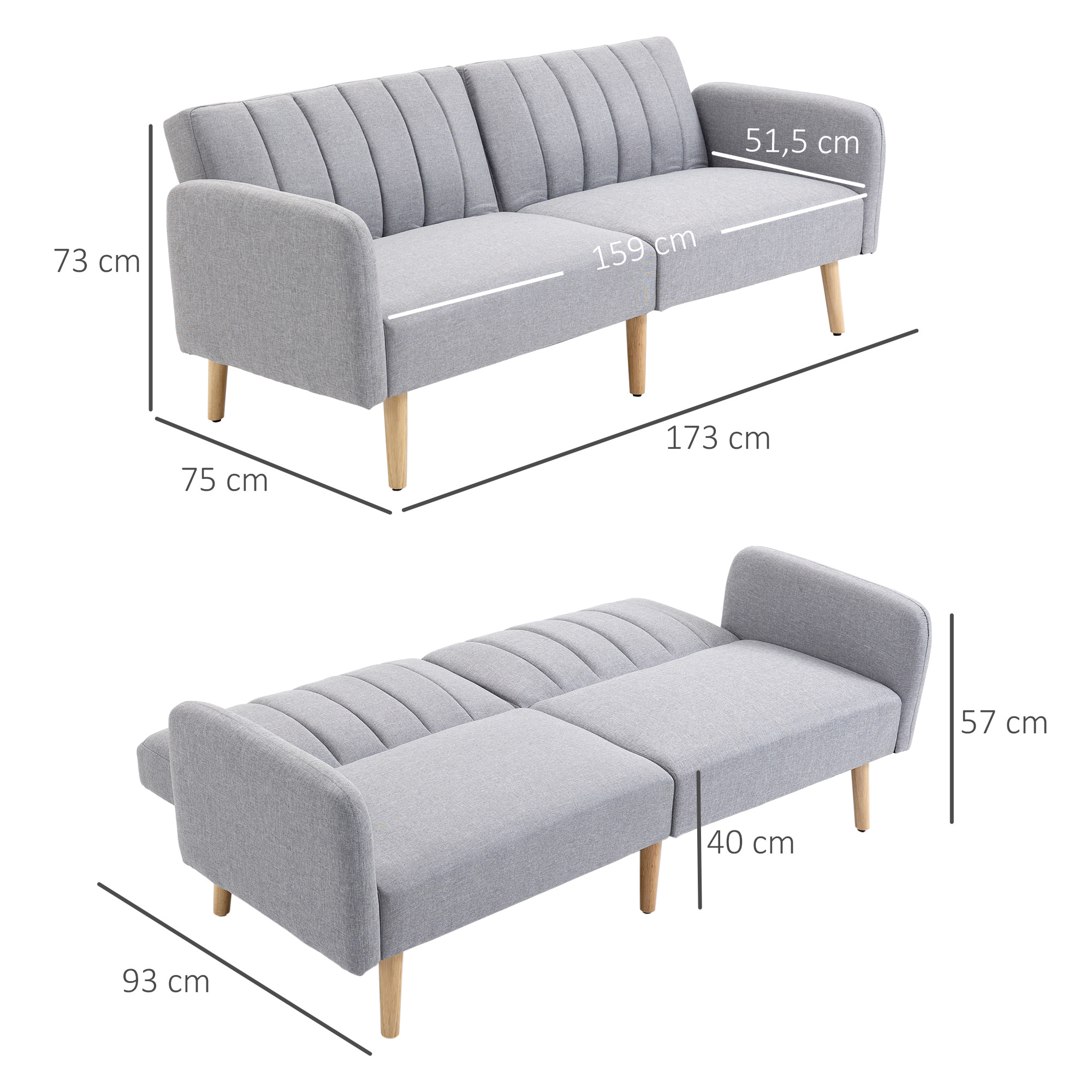 Sofá Cama de 2 Plazas Tela con Respaldo Ajustable en 3 Posiciones Reposabrazos Desmontables y Patas de Madera Sofá Doble Moderno para Salón Oficina 173x75x73 cm Gris