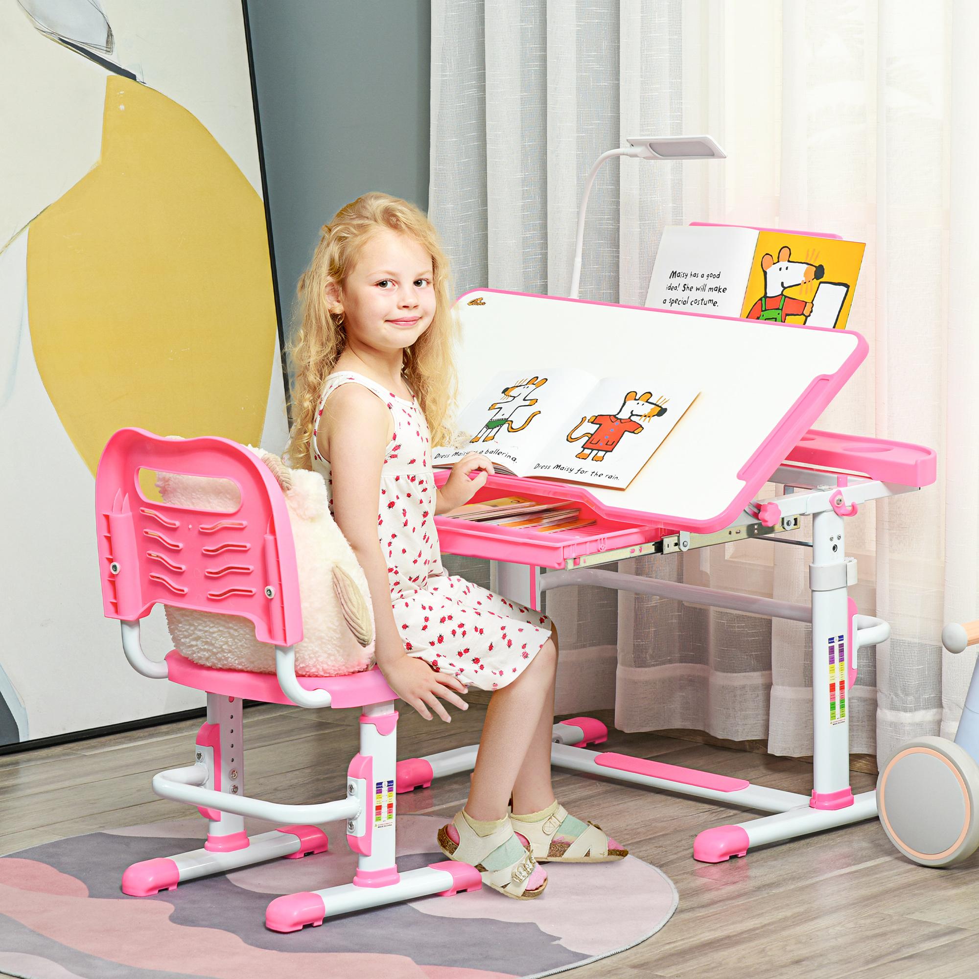 Juego de Escritorio y Silla para Niños de +6 Años Pupitre Infantil con Altura Ajustable Mesa Inclinable Cajón Lámpara LED y Portalápices 80x49,5x82-104 cm y 35,5x43,5x63-73 cm Rosa