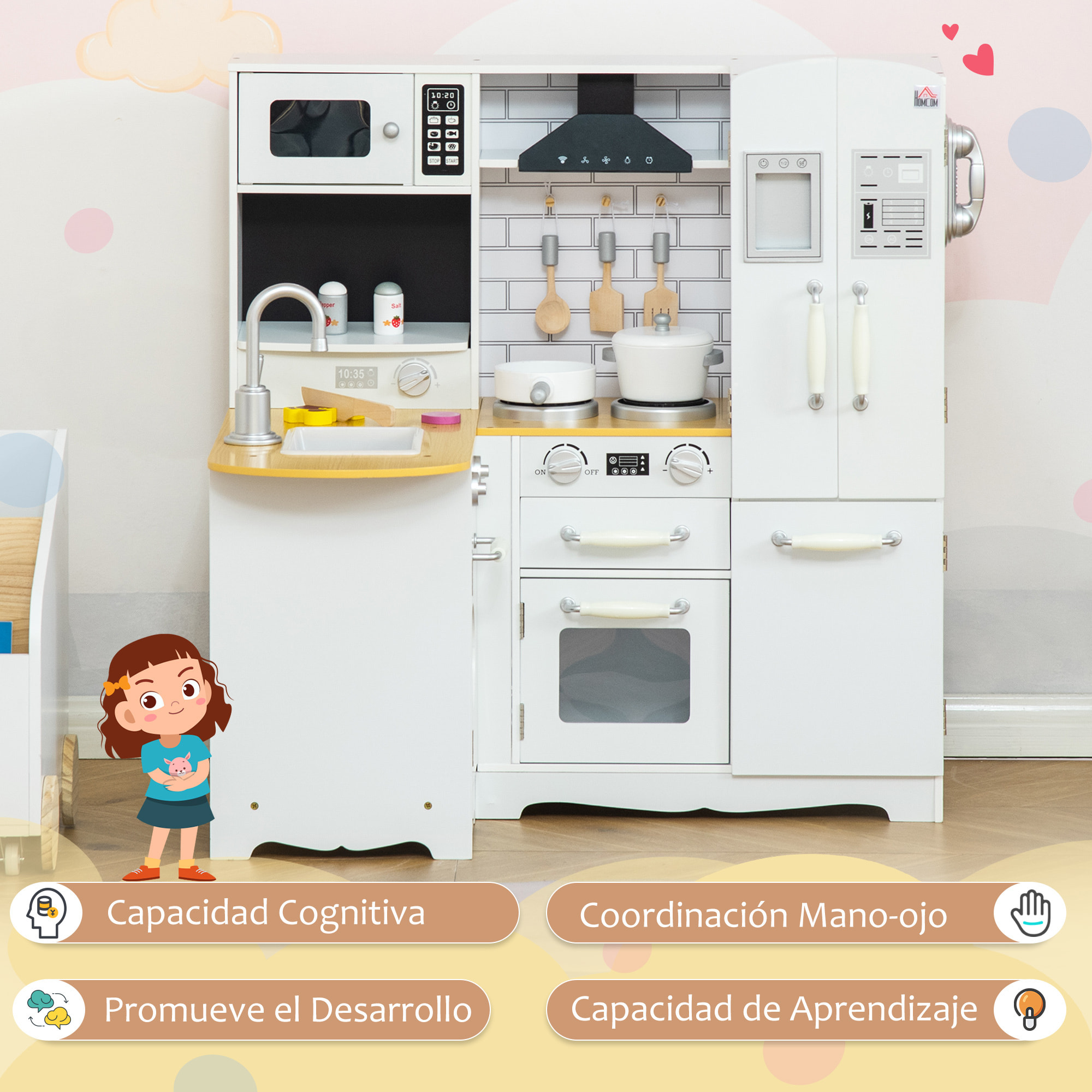 CocinadeJuguetedeMaderaInfantilde+3AñosSonidos14AccesoriosTeléfonoFregaderoExtraíbleMicroondasGrifo82x65x87cmBlanco