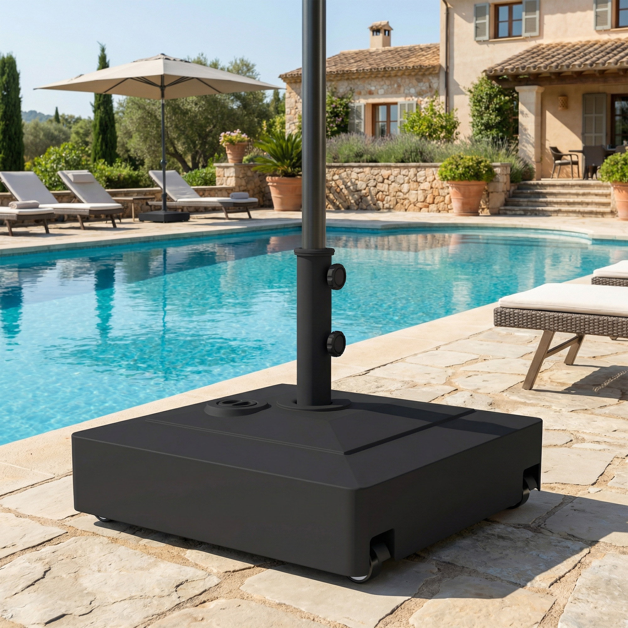 Base para Sombrilla Cuadrada con Ruedas, Soporte de Parasol de HDPE, Pie para Sombrilla con Postes Ø35/38/48 mm, Rellenable de Arena 61 kg o Agua 40 kg, para Jardín, Patio, Terraza, Negro