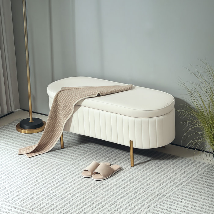 Banquette coffre 2 en 1 design ovale dim. 108x44x43cm velours crème