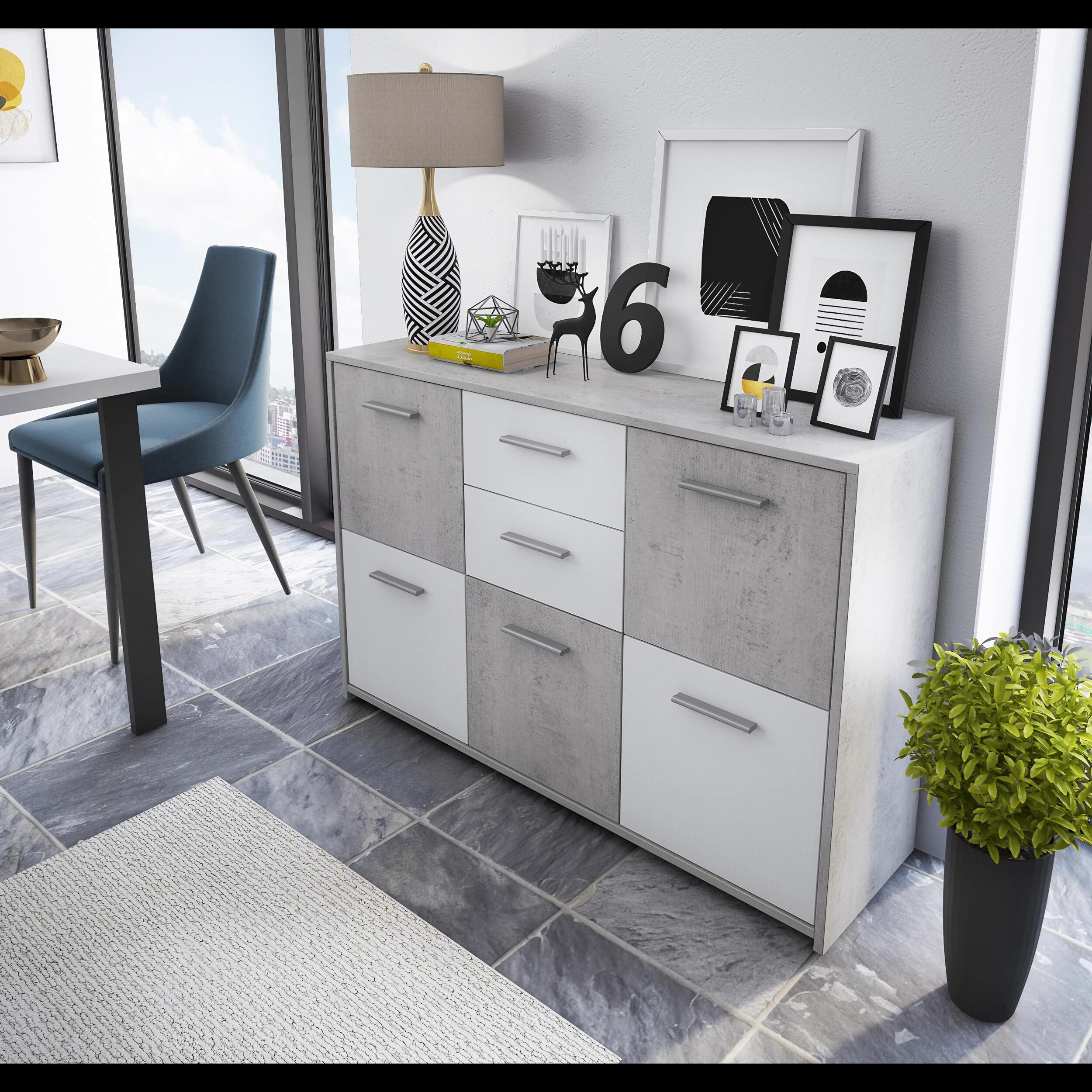 Mobile Contenitore Credenza Moderna Con 5 Ante 2 Cassetti Mobile Multiuso Soggiorno Ingresso Studio Sala Pranzo 114x77x32 Cm Bianco Grigio Cemento