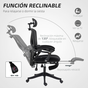 Silla de Escritorio de Malla Silla de Oficina Reclinable con Reposacabezas Soporte Lumbar Reposapiés y Altura Regulable Función de Basculante Carga 135 kg Negro