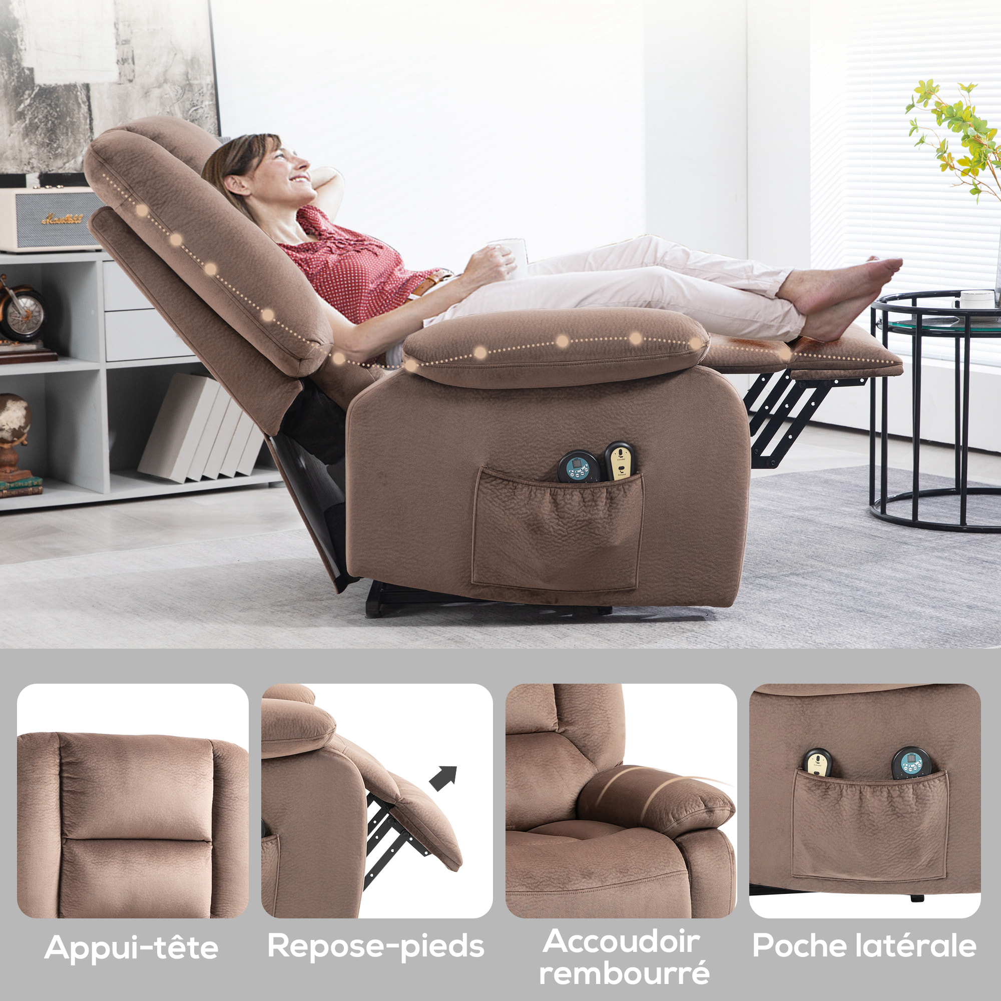 Fauteuil releveur massant chauffant inclinable repose-pied intégré effet velours marron