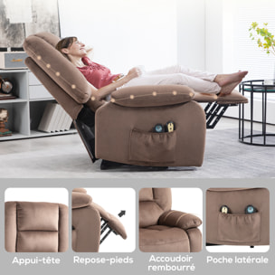 Fauteuil releveur massant chauffant inclinable repose-pied intégré effet velours marron