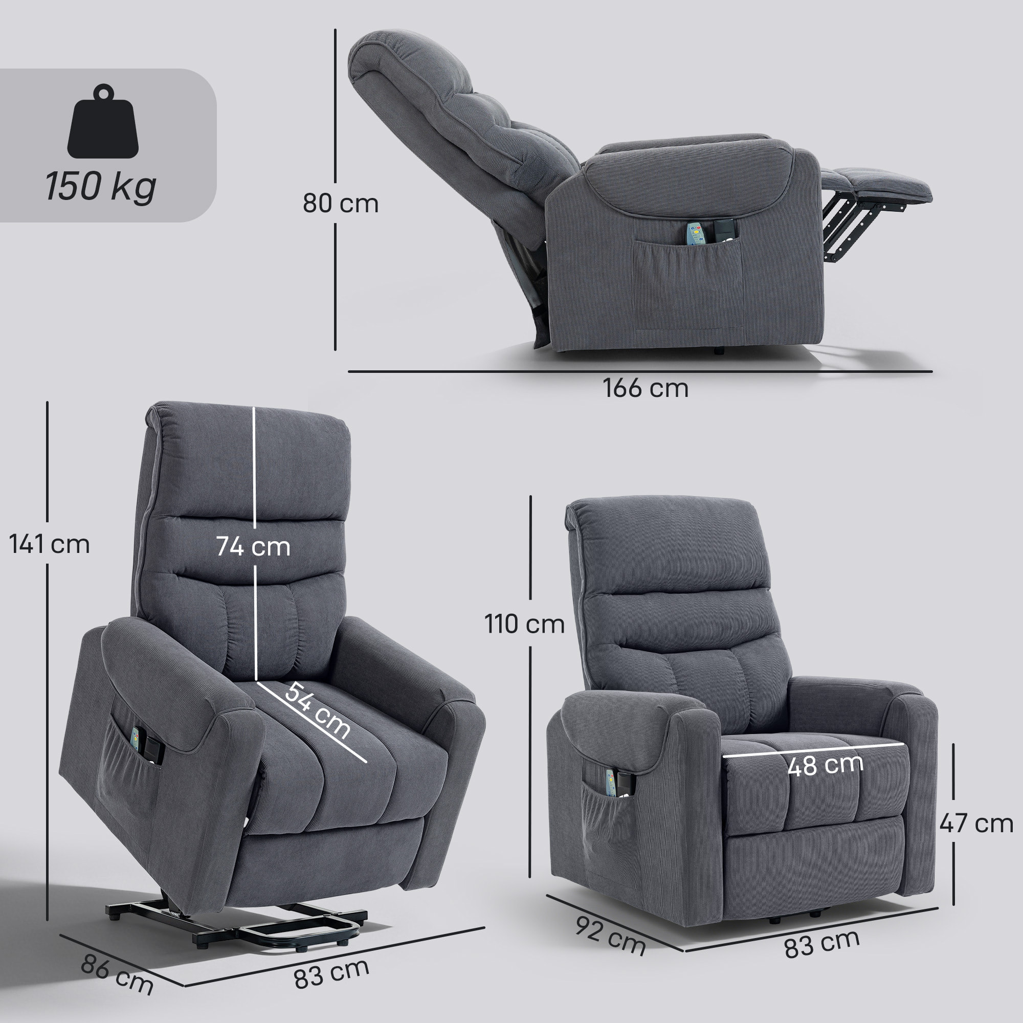 Sillón Relax Reclinable Eléctrico Levanta Personas, Sillón Elevador con 8 Puntos de Masaje, 2 Controles Remotos, Reposapiés, Tapizado en Pana, Acolchado Grueso, Bolsillo Lateral, Gris
