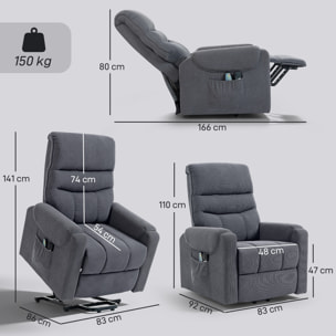 Sillón Relax Reclinable Eléctrico Levanta Personas, Sillón Elevador con 8 Puntos de Masaje, 2 Controles Remotos, Reposapiés, Tapizado en Pana, Acolchado Grueso, Bolsillo Lateral, Gris
