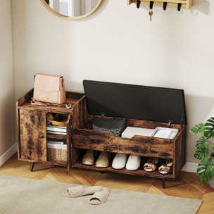 Banco Zapatero, Banco Recibidor Industrial, con Asiento Acolchado, Compartimento Oculto, Estantes, Puertas, Estante Abierto para 3 Pares de Zapatos, para Entrada, 127x35x59 cm, Marrón Rústico