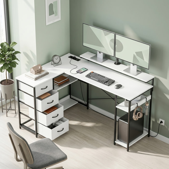 Escritorio Esquinero con 4 Cajones de Tela, 155x112 cm, Escritorio en L Reversible con 2 Enchufes y 2 Puertos USB, Soporte para Monitor, 2 Ganchos, para Oficina en Casa, Estudio, Blanco