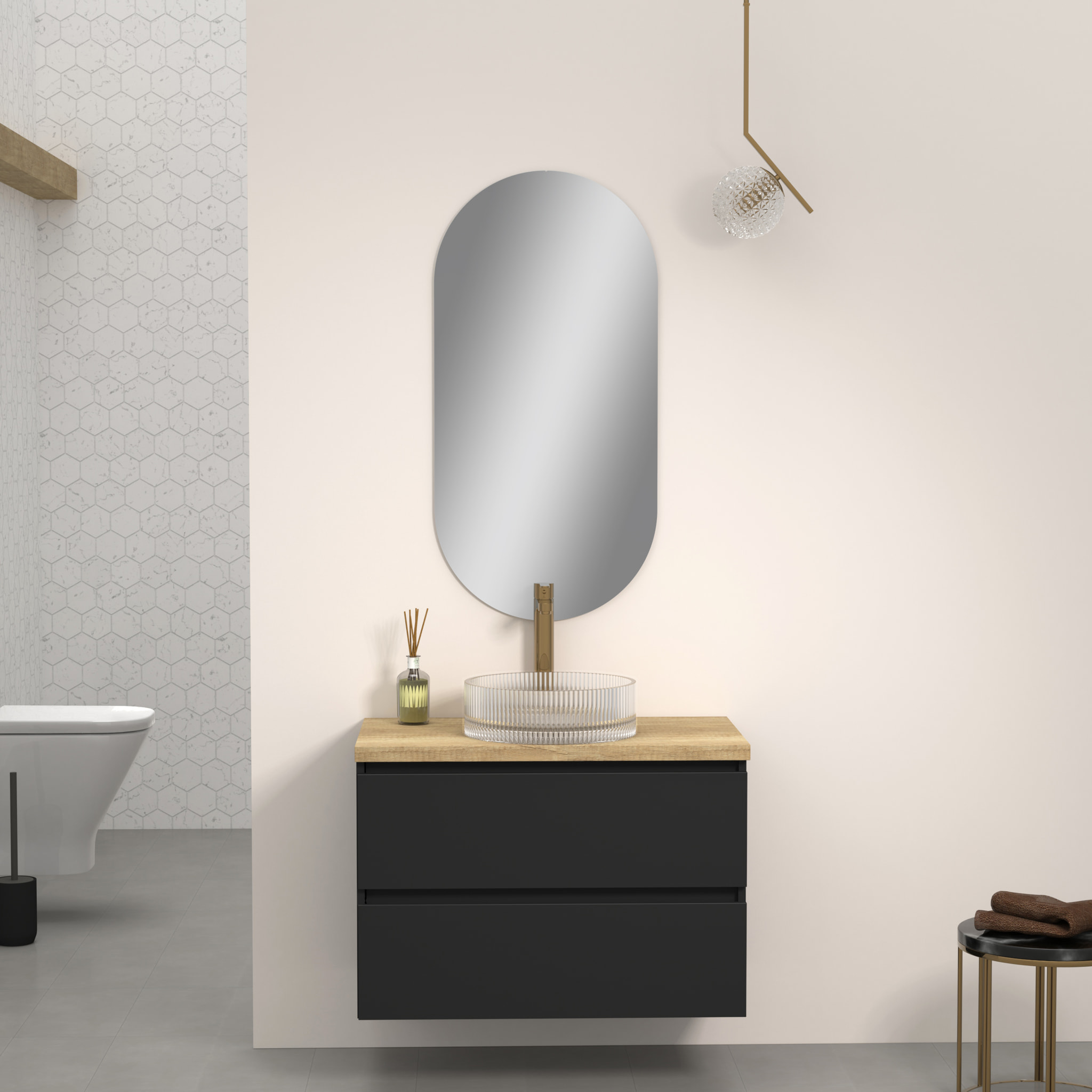 ENSEMBLE DE SALLE DE BAINS KUB | 80 CM NOIR | DEUX TIROIRS | ÉVIER EN VERRE | MIROIR NON INCLUS | MEUBLES ASSEMBLÉS | ALDAY