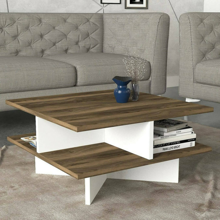 Tavolino da salotto Sovrani, Tavolo basso da caffè, Portariviste per divano, Ripiano da soggiorno, 60x60h31 cm, Noce e Bianco