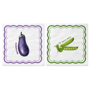 Lot de 20 serviettes en papier motif aubergine et petit pois - Violet