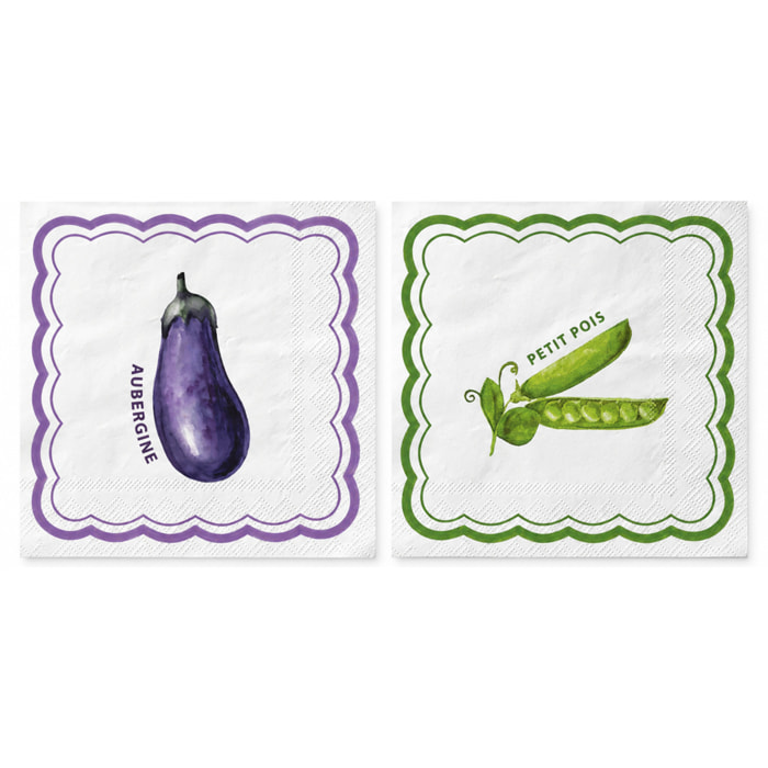 Lot de 20 serviettes en papier motif aubergine et petit pois - Violet