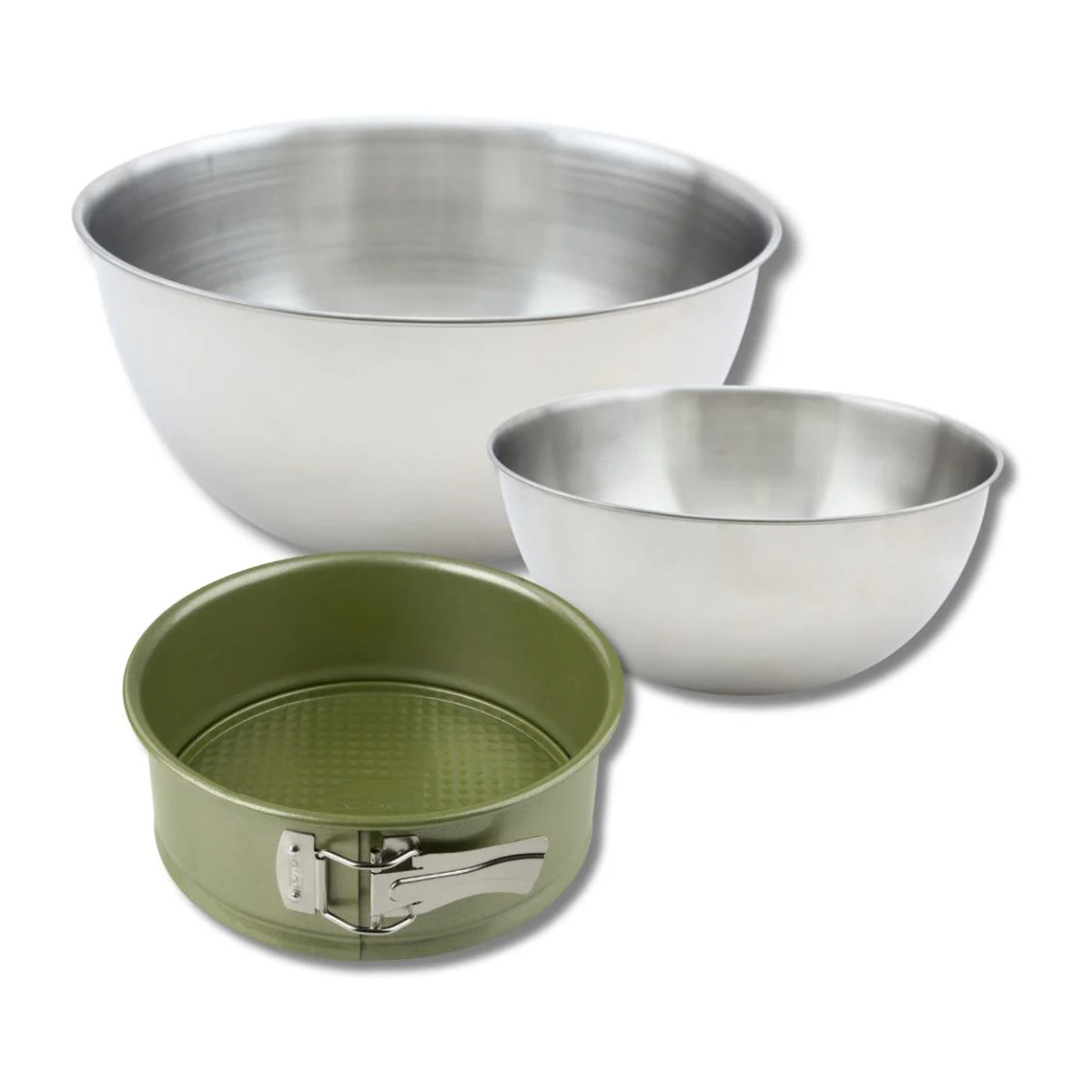 Ensemble avec 1 Moule à manqué à charnière, 1 spatule Zenker et 2 bols à mixer en inox Fackelmann