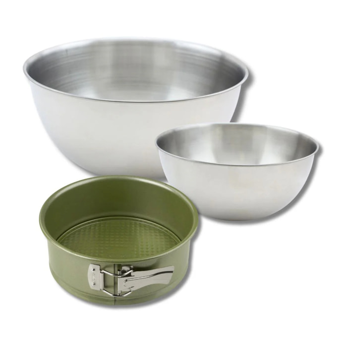 Ensemble avec 1 Moule à manqué à charnière, 1 spatule Zenker et 2 bols à mixer en inox Fackelmann