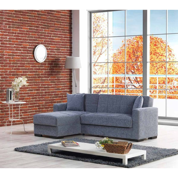 Divano letto con penisola Armadillo, Divano ad angolo reversibile, Sofà contenitore da soggiorno con chaise longue e 2 cuscini, 230x150h81 cm, Grigio