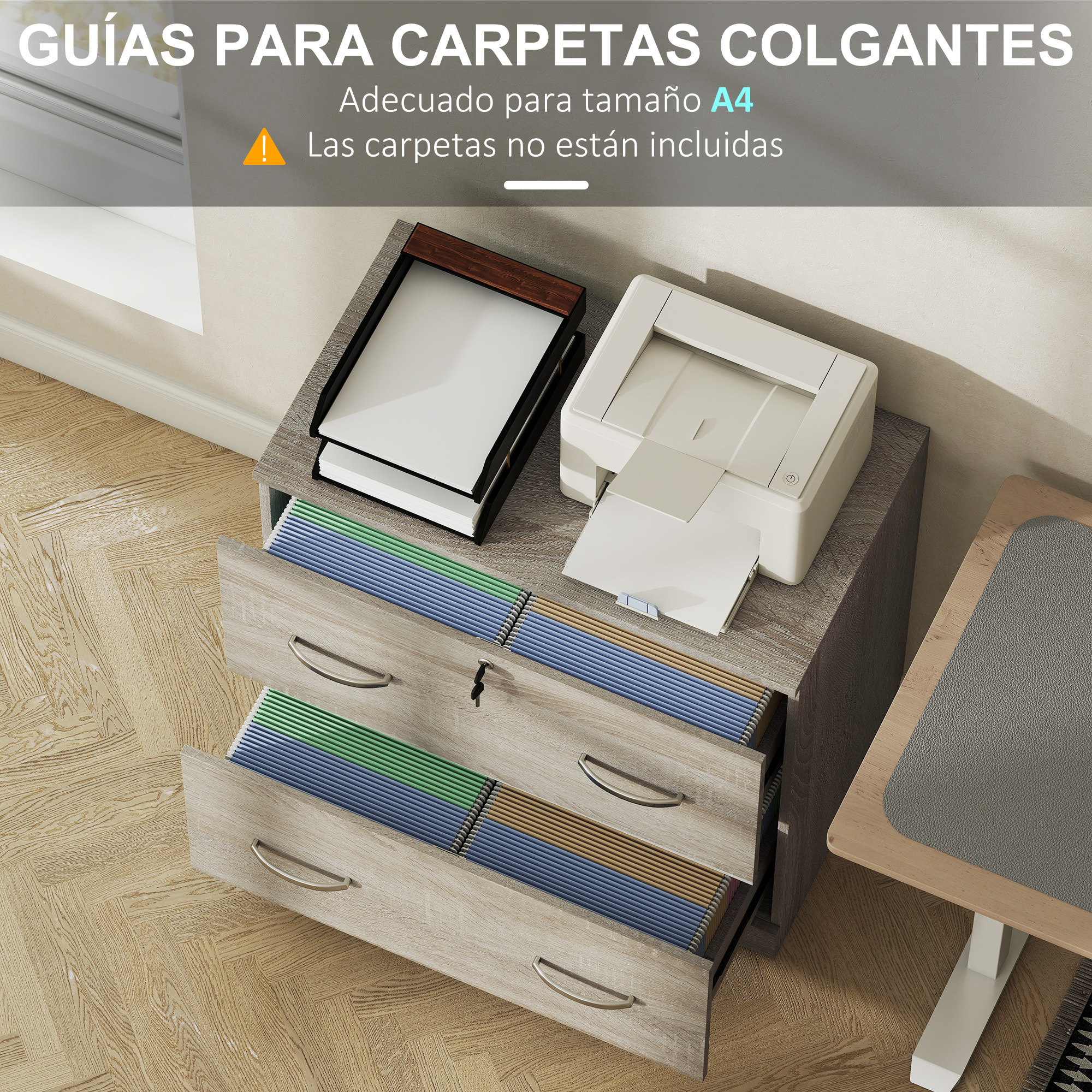 Cajonera de Escritorio con 2 Cajones Cajonera de Oficina con Guías para Carpetas Colgantes para A4 Cerradura y 2 Llaves para Estudio Salón 77x42x72 cm Natural