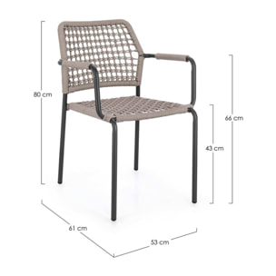 Set di 4 sedie con braccioli MIRANDA in alluminio antracite e corda beige, impilabili