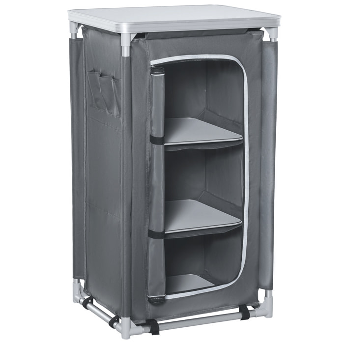Rangement cuisine de camping pliable avec sac transport - 2 étagères - alu polyester gris