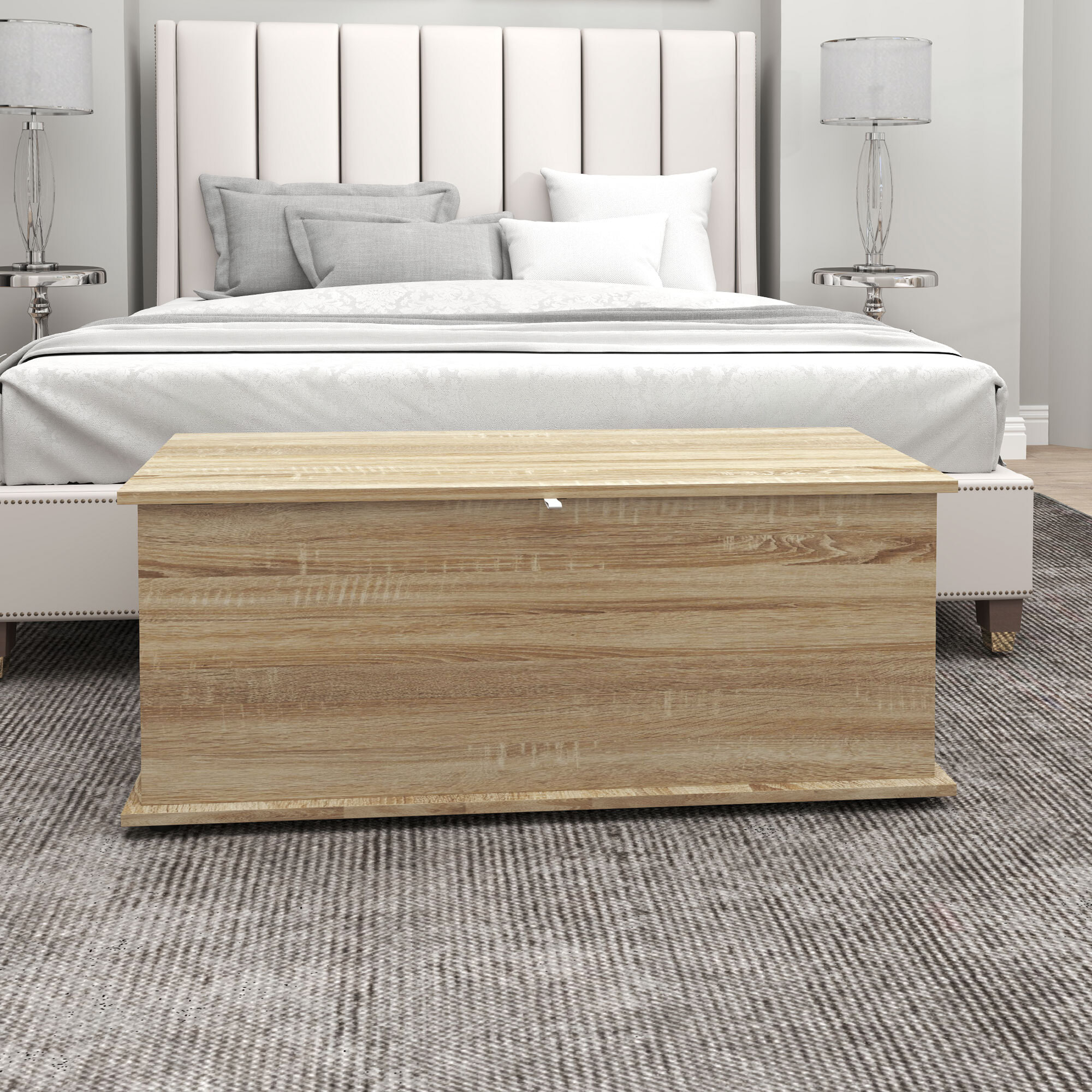 Baúl de Almacenaje, Banco de Almacenaje con Bisagra de Seguridad, Estilo Moderno, para Pasillo, Dormitorio, Salón, 100x40x40 cm, Roble