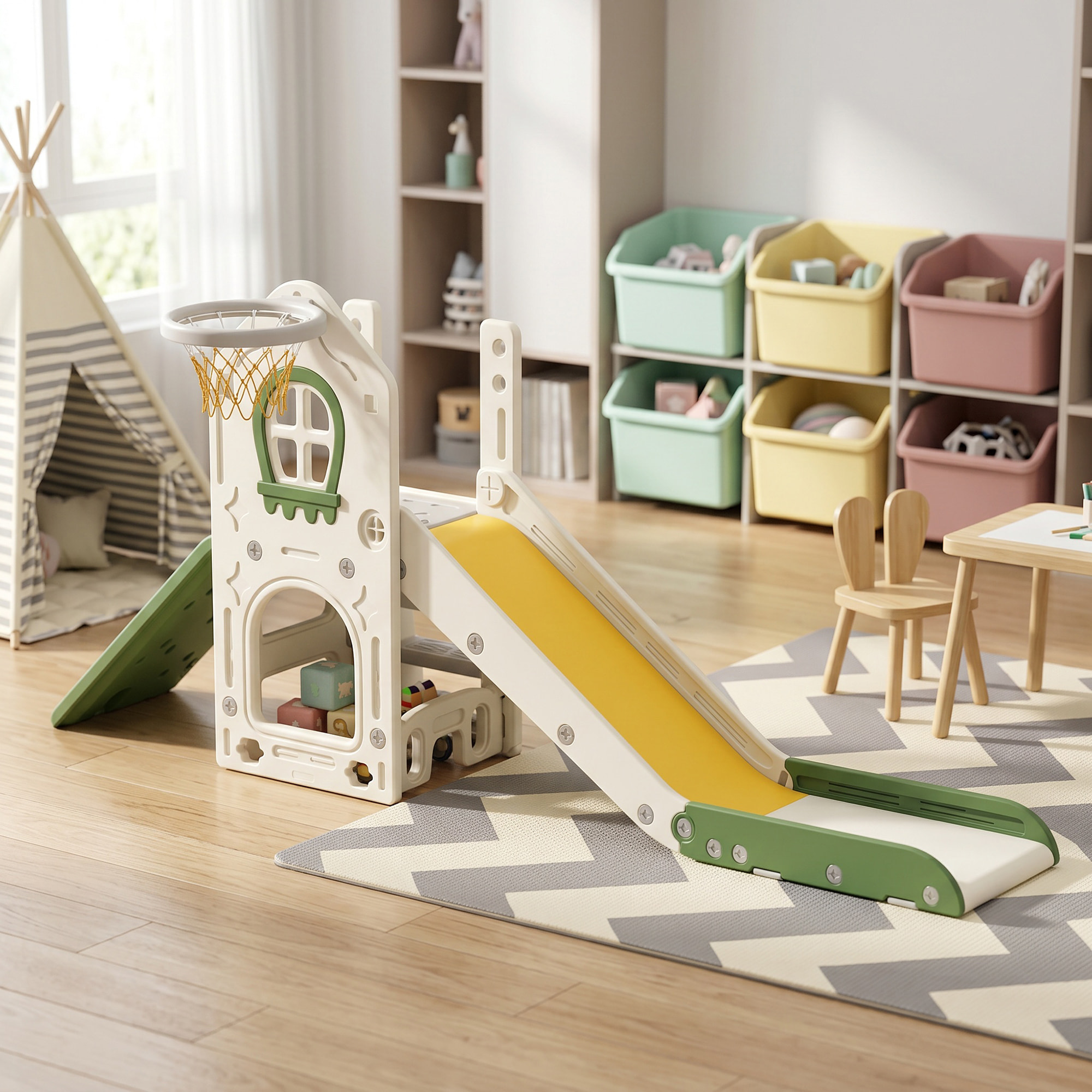 Tobogán Infantil Plegable 5 en 1, Tobogán para Niños con Escalador, Aro de Baloncesto, Pelota, Almacenamiento, Peldaños, Fácil de Montar y Limpiar, para Interior, para 1-3 Años, Blanco Crema