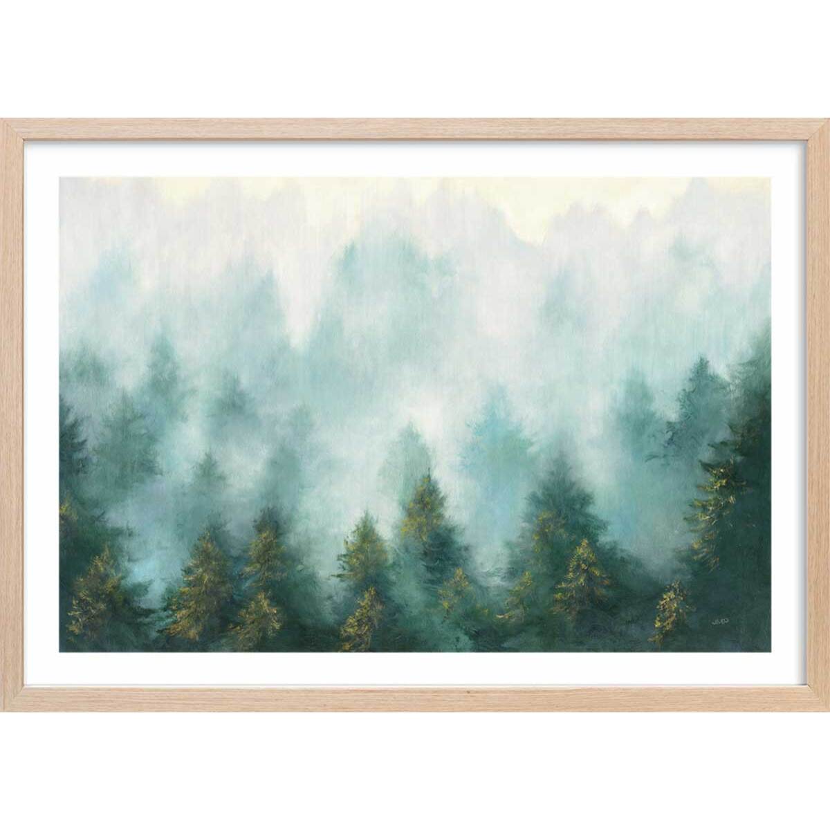 Affiche Brume sur la forêt Affiche + cadre en bois - Chêne