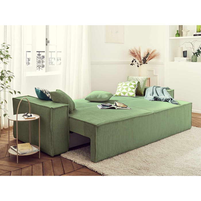 Dellia - canapé 3 places convertible - avec coffre - en velours côtelé - style contemporain - Vert sauge